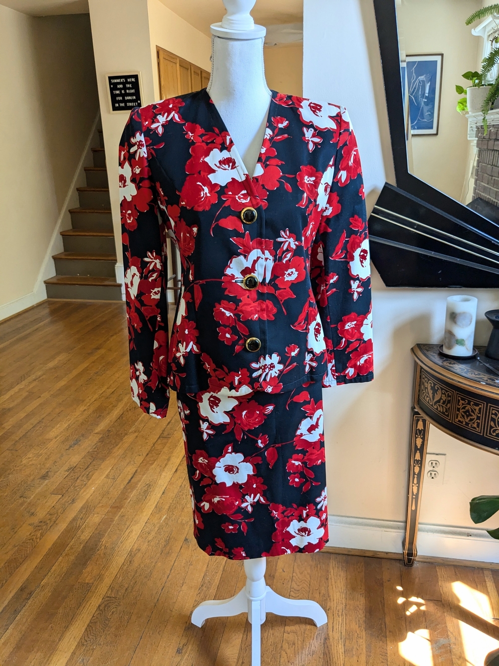 1980s Givenchy Couture Black and Red Floral Skirt Suit